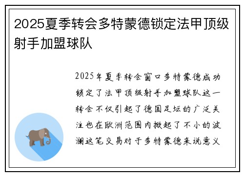 2025夏季转会多特蒙德锁定法甲顶级射手加盟球队