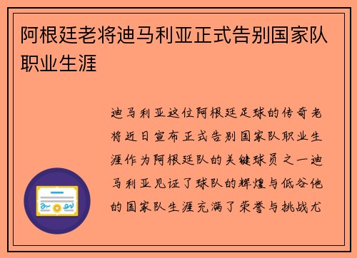 阿根廷老将迪马利亚正式告别国家队职业生涯