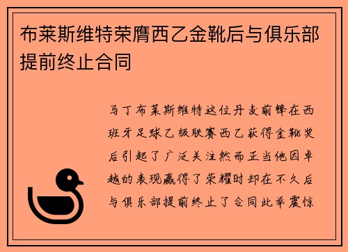 布莱斯维特荣膺西乙金靴后与俱乐部提前终止合同